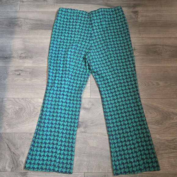 Maeve by Anthropologie “The Margot” Flared Pants Green & Blue Houndstooth Large - Picture 7 of 11